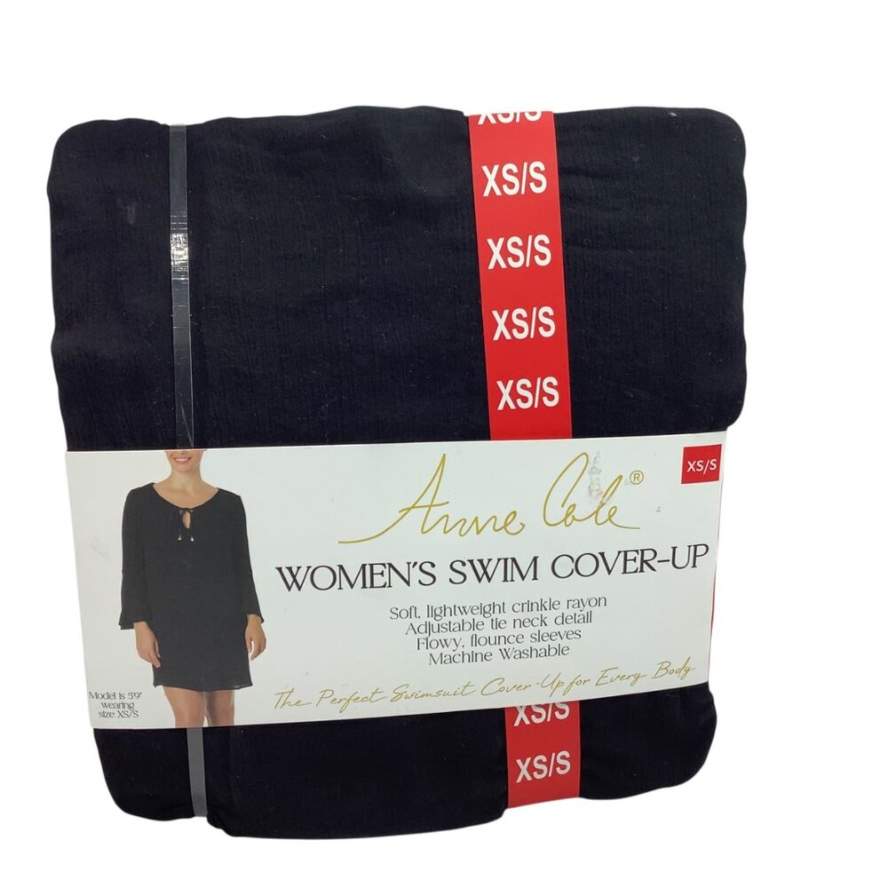 Anne Cole Womens Black Swim Cover-Up XS/S‎ Lightweight Adjustable Tie Neck NEW